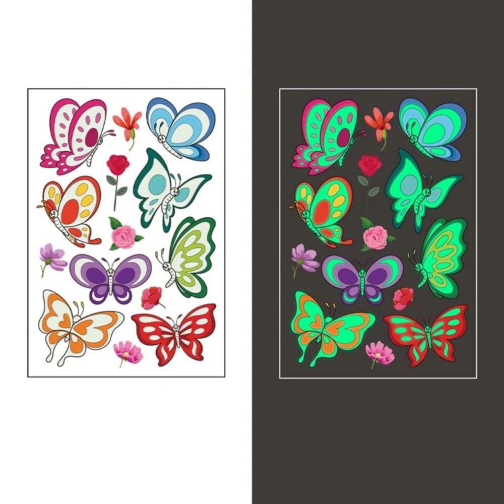 🦋 Awesome Glow In The Dark Colorful Sheet Butterfly & Flowers Temporary Tattoos